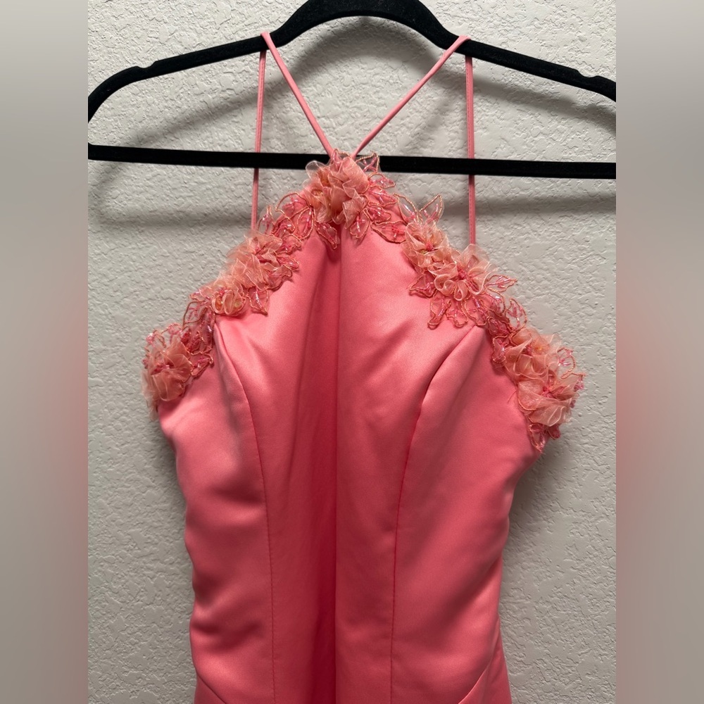 VTG 90s Y2K Dollar USA Coral Pink Satin Gown 3D Floral Beaded Halter Dress XS - Picture 2 of 15